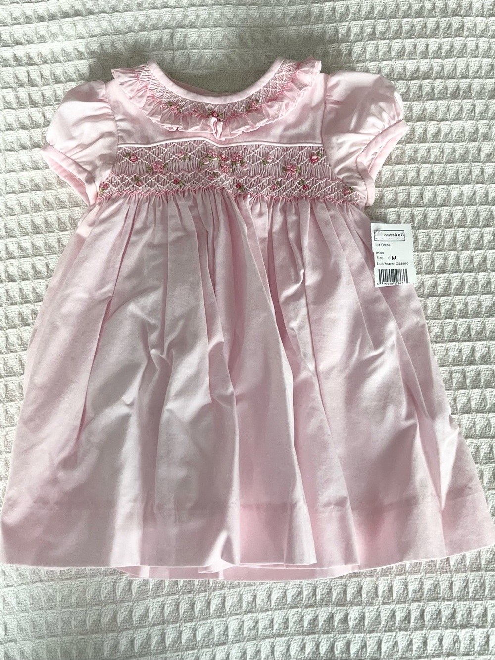 Maria Casero Pink Smocked Baby Dress with Puff Sleeves size 6M NWT